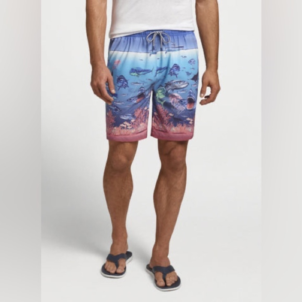NWOT Peter Millar Swim Trunks Ocean Traffic Shark Fish Print Size XL